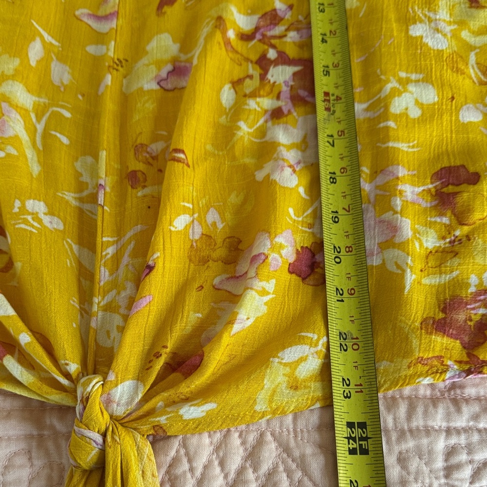 Democracy Mustard Yellow Floral Tie-Front Cold Shoulder Blouse L - Picture 8 of 11